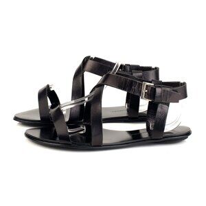 New HANDMADE Black Genuine Leather Strap Flat Sandals NYC Designer